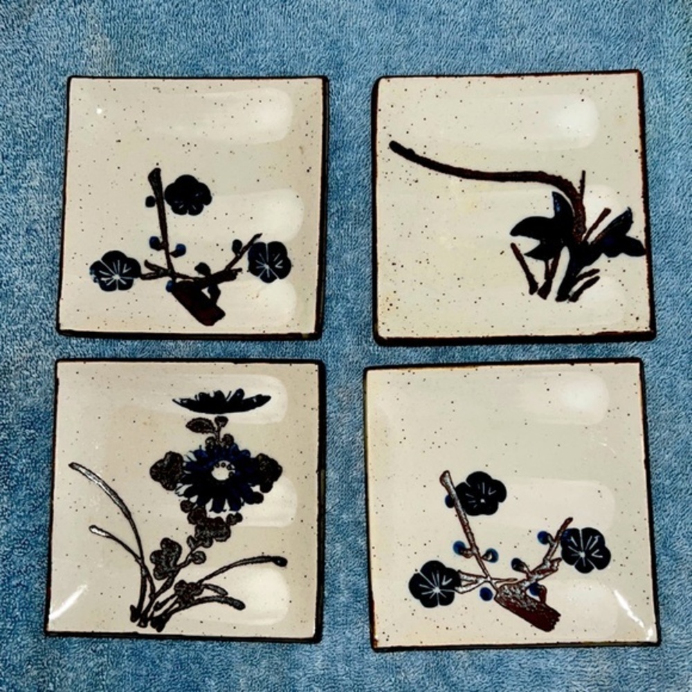 Vintage OMC Japanese ceramic square sushi style plates with hand painted design